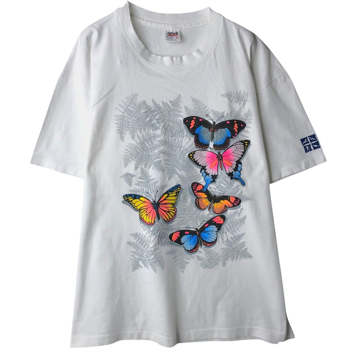 90'S Anvil butterfly print animal t-shirt, made in USA, men's size XL equivalent, vintage. cotton white type Vintage Second Hand