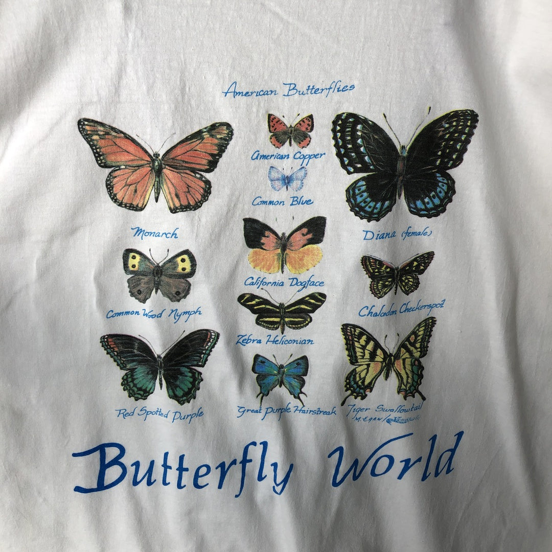 90'S MAN Butterfly Print Animal T-Shirt, Made in USA, Men's Size L (Equivalent), Vintage cotton white type Vintage Second Hand