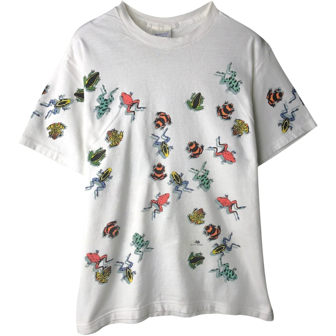 90'S Harborside Graphics Frog Pattern Animal T-Shirt, Made in USA, Men's Size M (Equivalent), Vintage cotton white type Vintage Second Hand