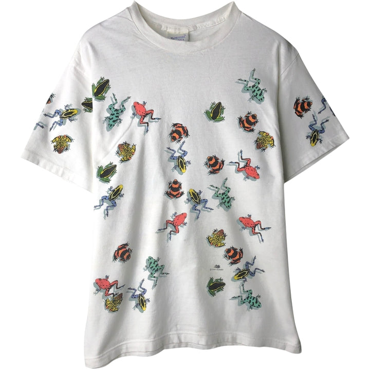 90'S Harborside Graphics Frog Pattern Animal T-Shirt, Made in USA, Men's Size M (Equivalent), Vintage cotton white type Vintage Second Hand