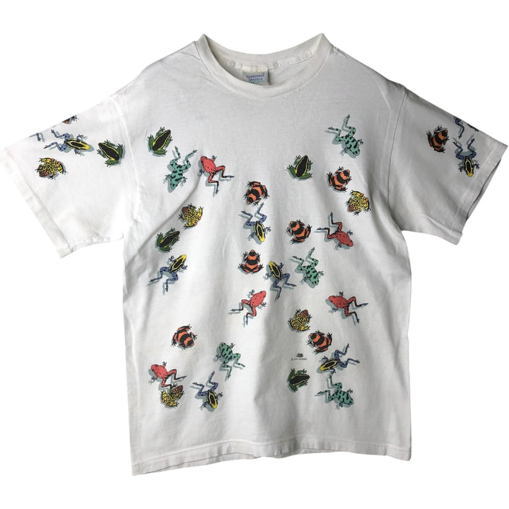 90'S Harborside Graphics Frog Pattern Animal T-Shirt, Made in USA, Men's Size M (Equivalent), Vintage cotton white type Vintage Second Hand