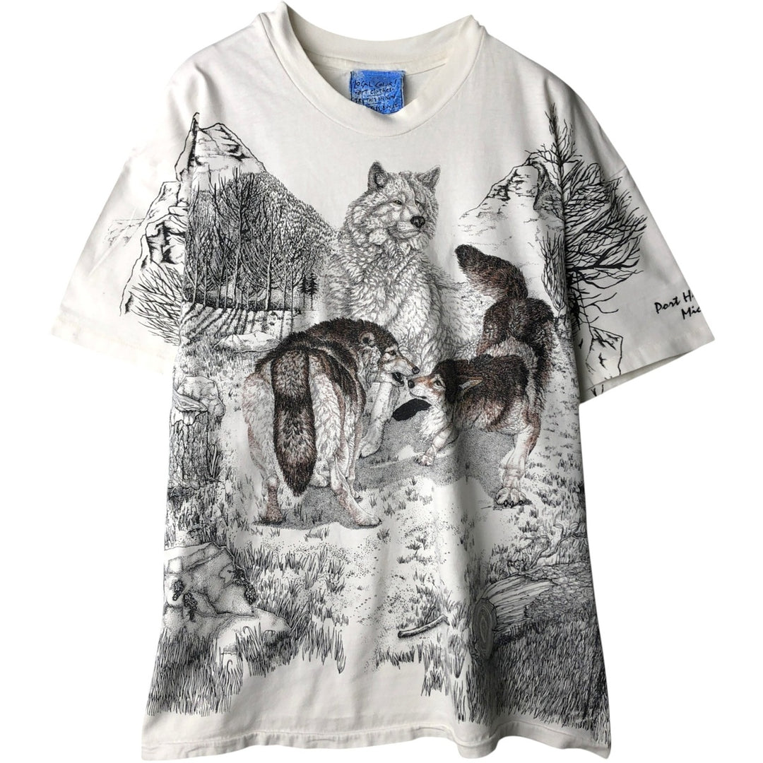 90'S Hanes BEEFY-T Blue Tag All-Over Print Wolf Pattern Animal T-Shirt Made in USA Men's XL Equivalent Vintage cotton white type Vintage Second Hand