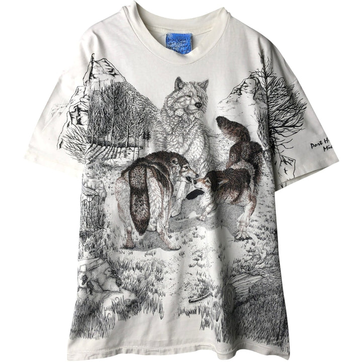 90'S Hanes BEEFY-T Blue Tag All-Over Print Wolf Pattern Animal T-Shirt Made in USA Men's XL Equivalent Vintage cotton white type Vintage Second Hand
