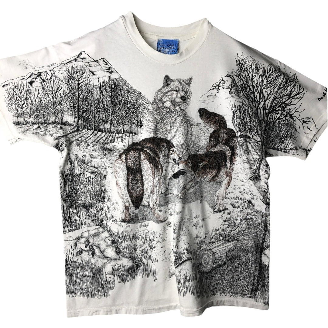 90'S Hanes BEEFY-T Blue Tag All-Over Print Wolf Pattern Animal T-Shirt Made in USA Men's XL Equivalent Vintage cotton white type Vintage Second Hand