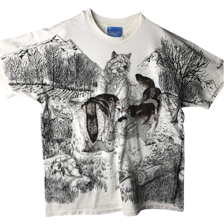 90'S Hanes BEEFY-T Blue Tag All-Over Print Wolf Pattern Animal T-Shirt Made in USA Men's XL Equivalent Vintage cotton white type Vintage Second Hand