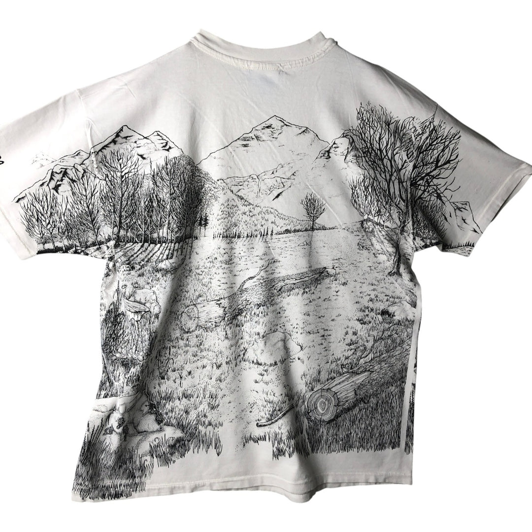 90'S Hanes BEEFY-T Blue Tag All-Over Print Wolf Pattern Animal T-Shirt Made in USA Men's XL Equivalent Vintage cotton white type Vintage Second Hand