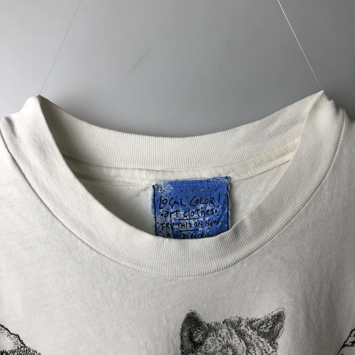 90'S Hanes BEEFY-T Blue Tag All-Over Print Wolf Pattern Animal T-Shirt Made in USA Men's XL Equivalent Vintage cotton white type Vintage Second Hand