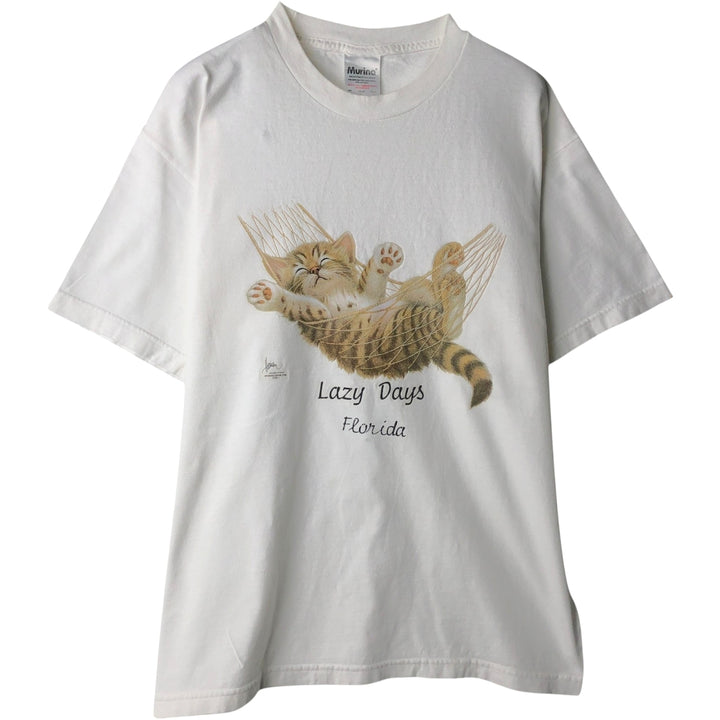 90'S Murina Cat Print Animal T-Shirt, Made in USA, Men's Size L (Equivalent), Vintage cotton white type Vintage Second Hand