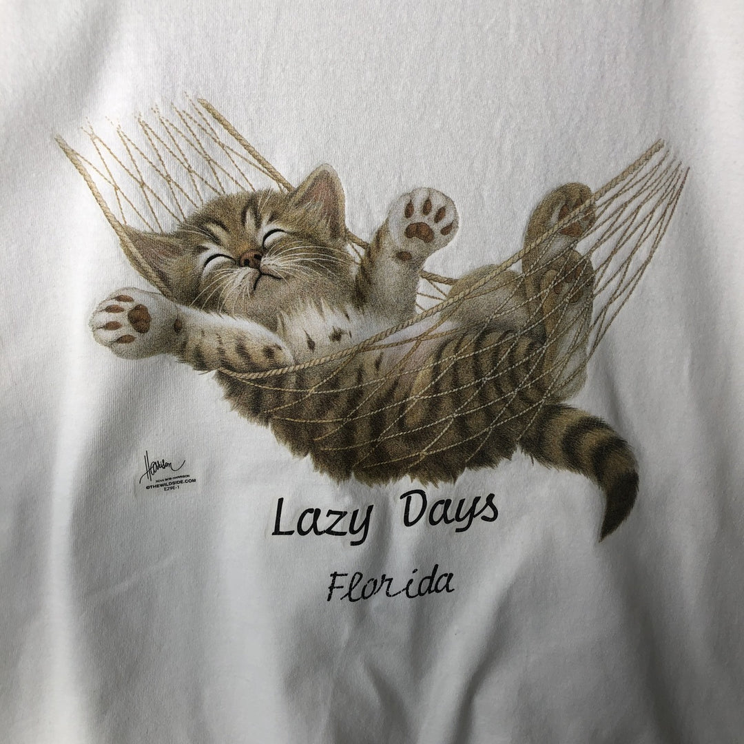 90'S Murina Cat Print Animal T-Shirt, Made in USA, Men's Size L (Equivalent), Vintage cotton white type Vintage Second Hand