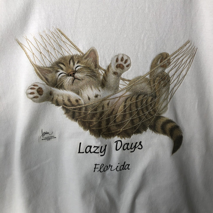 90'S Murina Cat Print Animal T-Shirt, Made in USA, Men's Size L (Equivalent), Vintage cotton white type Vintage Second Hand
