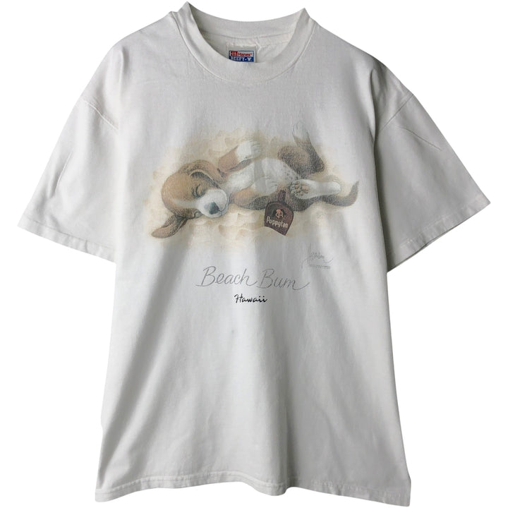 90'S Hanes BEEFY-T Dog Print Animal T-Shirt, Men's Size L (approx.), Vintage cotton white type Vintage Second Hand