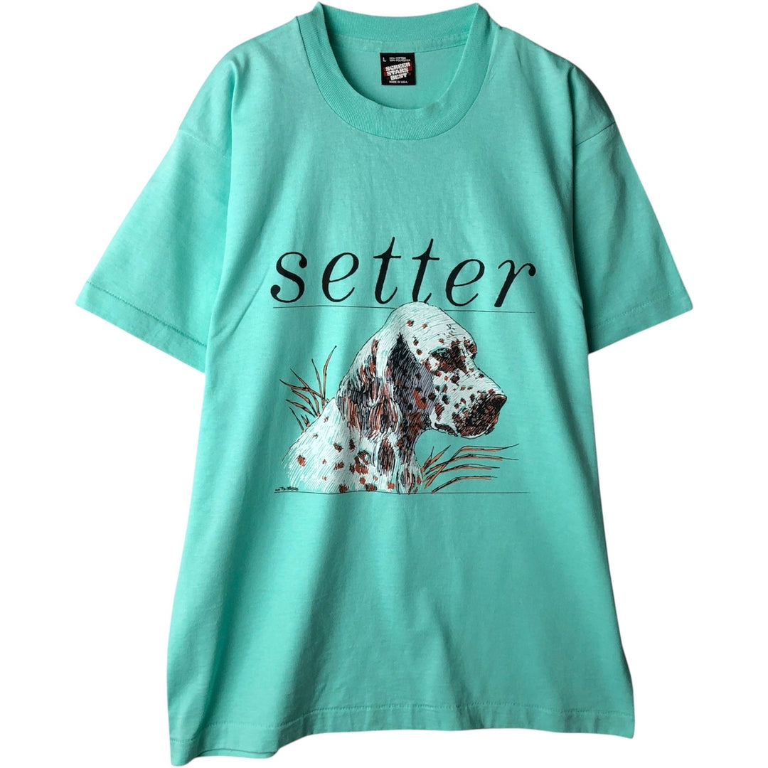 90'S Screen Stars BEST Dog Print English Setter Animal T-Shirt Made in USA Men's Size L (Equivalent) Vintage cotton Emerald green Vintage Second Hand