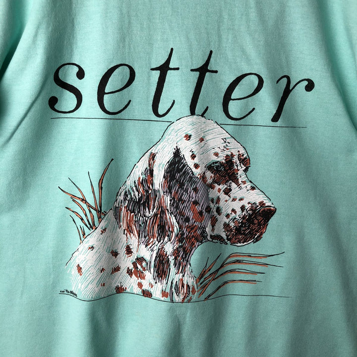 90'S Screen Stars BEST Dog Print English Setter Animal T-Shirt Made in USA Men's Size L (Equivalent) Vintage cotton Emerald green Vintage Second Hand