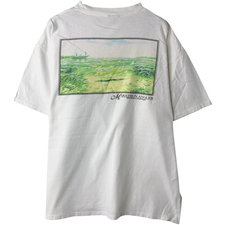 90'S Marathon Apparel Fish Print Animal T-Shirt, Made in USA, Men's XL equivalent, Vintage cotton white type Vintage Second Hand