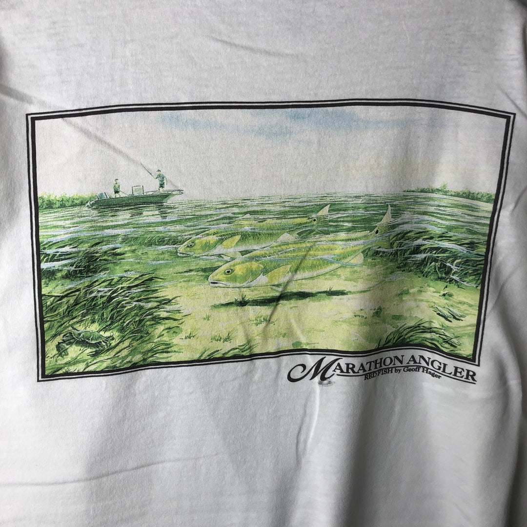 90'S Marathon Apparel Fish Print Animal T-Shirt, Made in USA, Men's XL equivalent, Vintage cotton white type Vintage Second Hand
