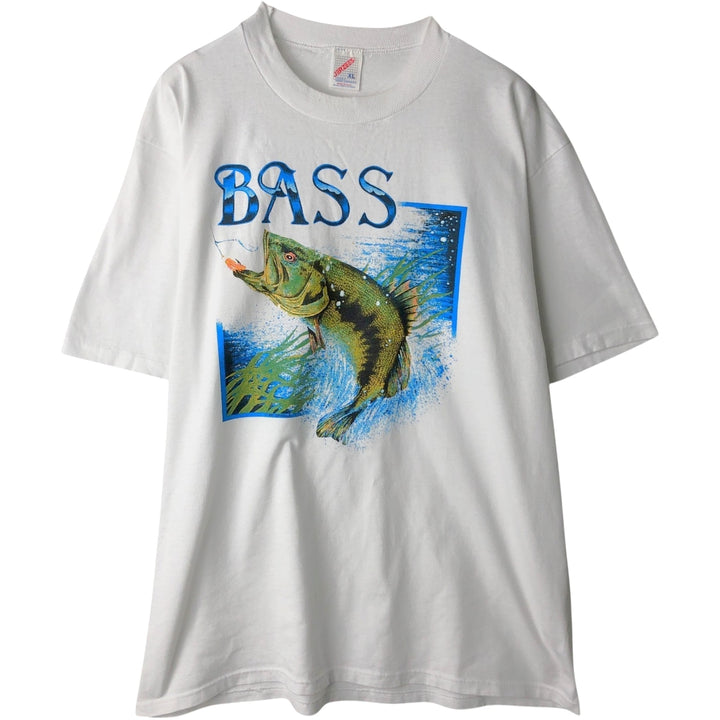 90'S Jerzees fish print animal t-shirt, made in USA, men's size XL equivalent, vintage. cotton white type Vintage Second Hand