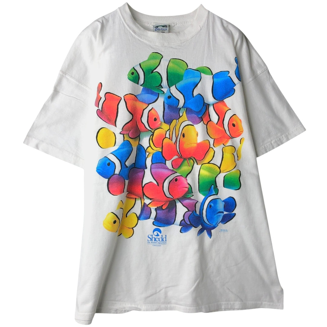 90'S DOLPHIN SHIRT COMPANY Fish Print Animal T-Shirt, Made in USA, Men's XXL equivalent, Vintage cotton white type Vintage Second Hand