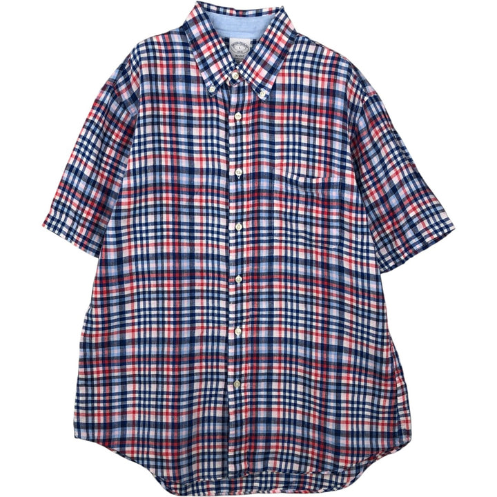 Brooks Brothers 1818 Check Pattern Short Sleeve Linen Button Down Shirt Men's Size L linen navy blue type Vintage Second Hand
