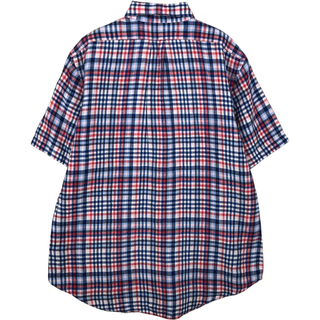 Brooks Brothers 1818 Check Pattern Short Sleeve Linen Button Down Shirt Men's Size L linen navy blue type Vintage Second Hand