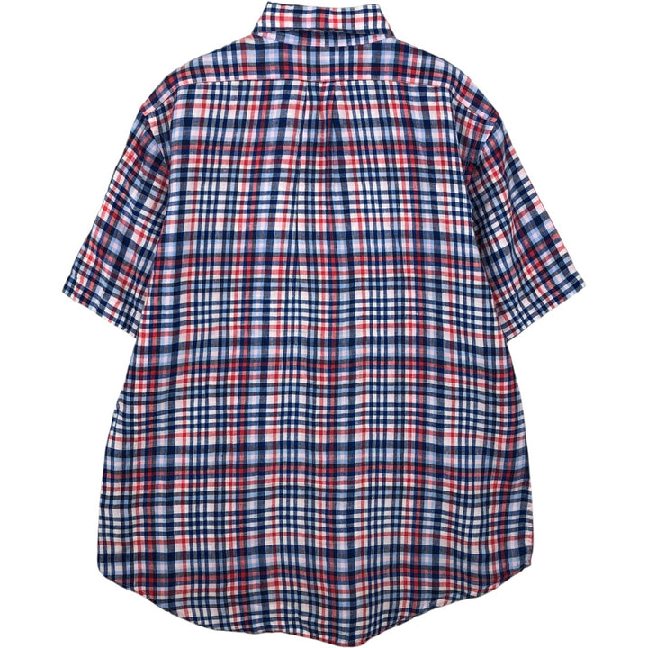 Brooks Brothers 1818 Check Pattern Short Sleeve Linen Button Down Shirt Men's Size L linen navy blue type Vintage Second Hand