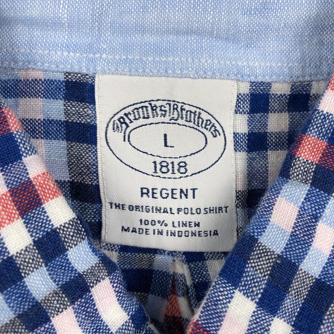 Brooks Brothers 1818 Check Pattern Short Sleeve Linen Button Down Shirt Men's Size L linen navy blue type Vintage Second Hand