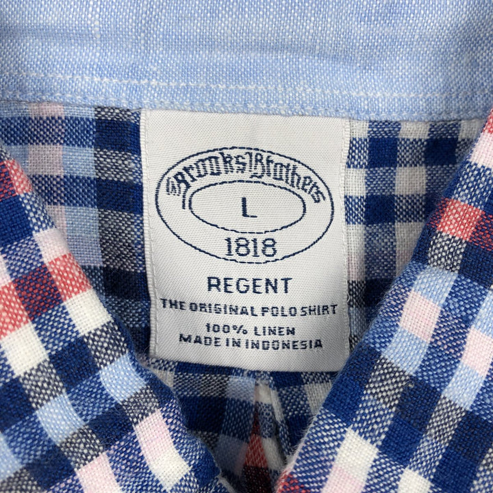 Brooks Brothers 1818 Check Pattern Short Sleeve Linen Button Down Shirt Men's Size L linen navy blue type Vintage Second Hand