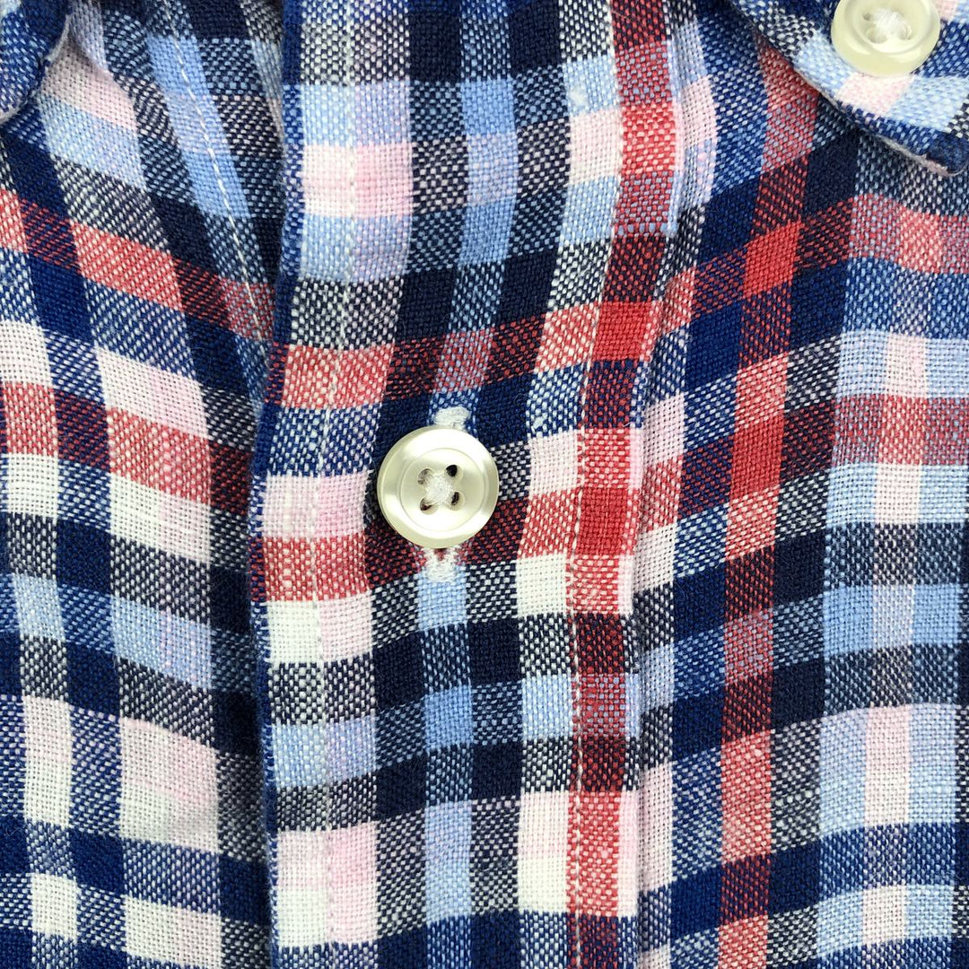Brooks Brothers 1818 Check Pattern Short Sleeve Linen Button Down Shirt Men's Size L linen navy blue type Vintage Second Hand