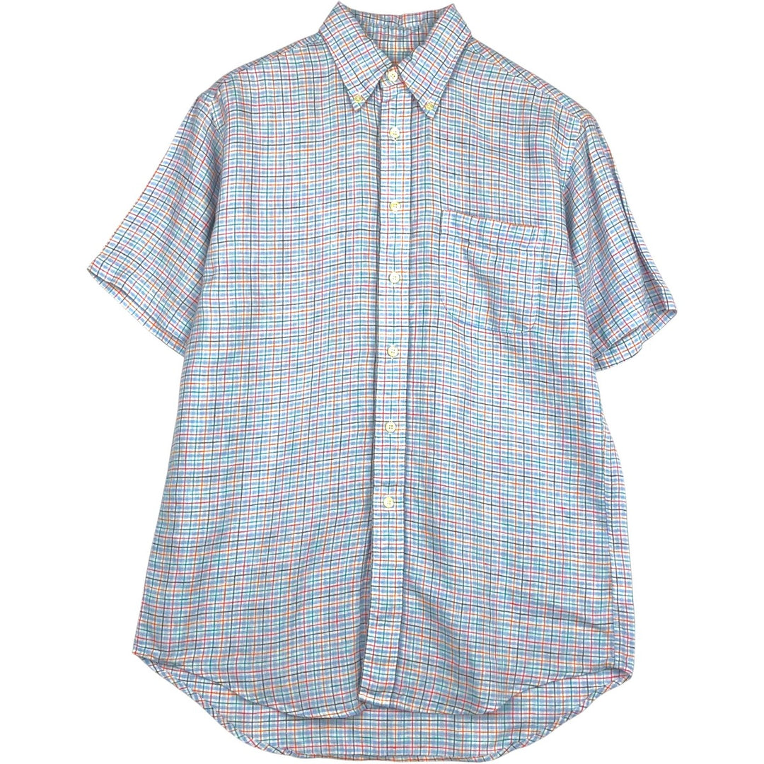 Brooks Brothers 346 Check Pattern Short-Sleeve Linen Button-Down Shirt, Men's Size S (approx.) linen Blue type light blue Vintage Second Hand