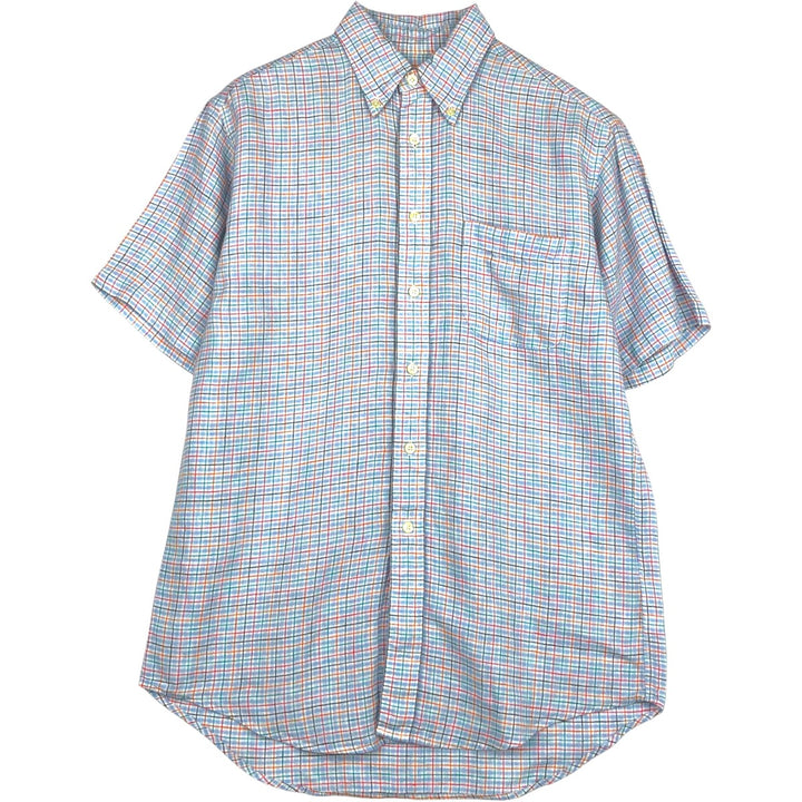 Brooks Brothers 346 Check Pattern Short-Sleeve Linen Button-Down Shirt, Men's Size S (approx.) linen Blue type light blue Vintage Second Hand