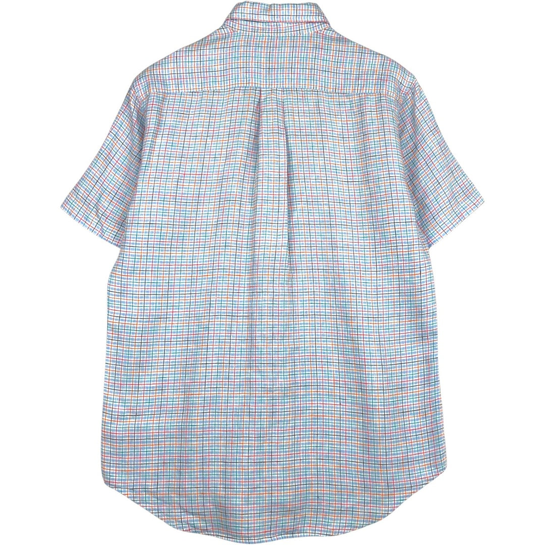 Brooks Brothers 346 Check Pattern Short-Sleeve Linen Button-Down Shirt, Men's Size S (approx.) linen Blue type light blue Vintage Second Hand