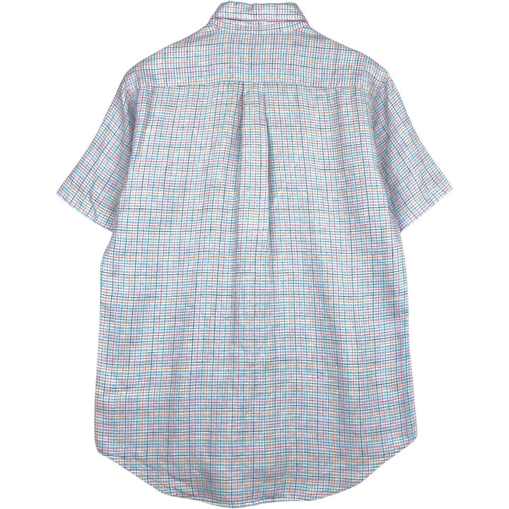 Brooks Brothers 346 Check Pattern Short-Sleeve Linen Button-Down Shirt, Men's Size S (approx.) linen Blue type light blue Vintage Second Hand