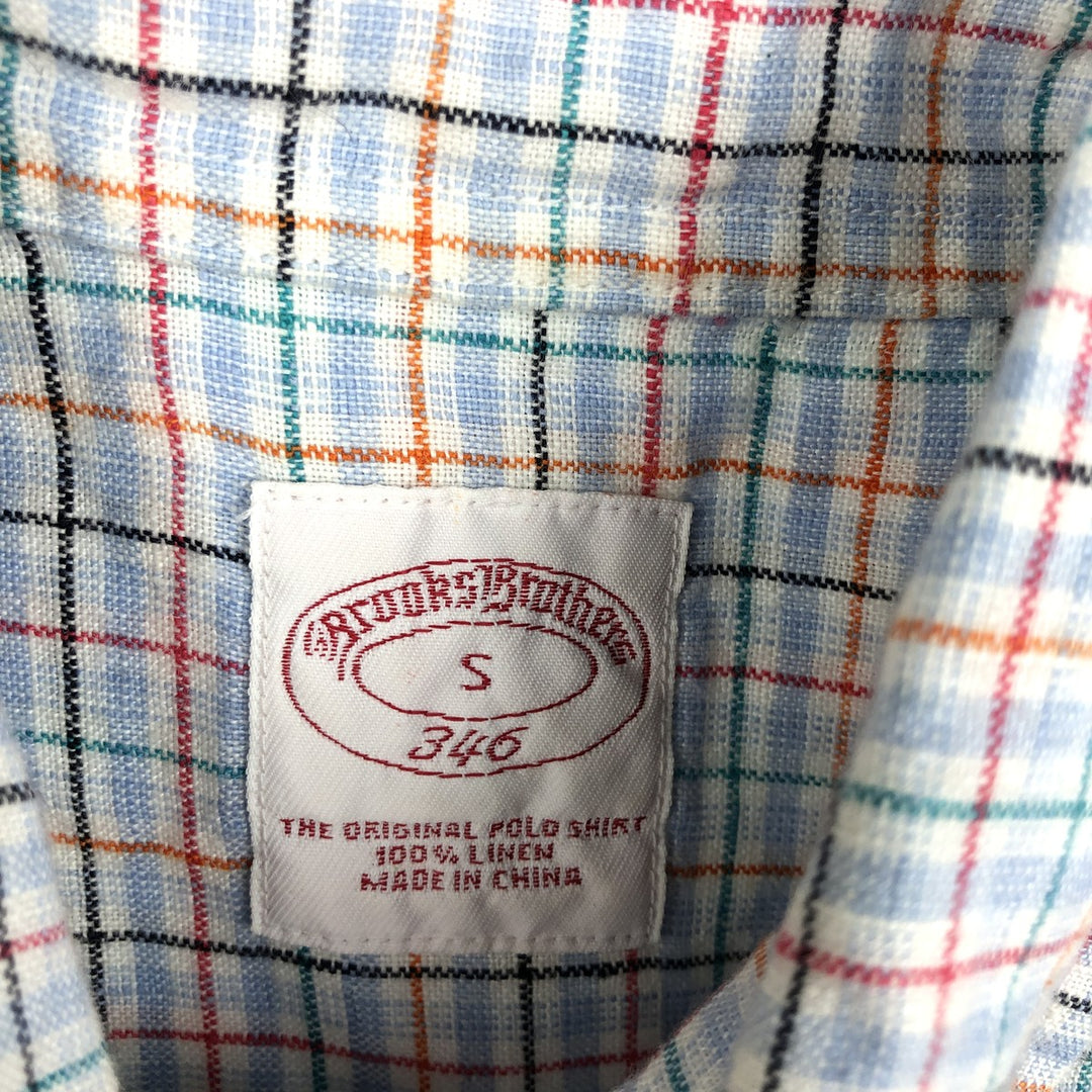 Brooks Brothers 346 Check Pattern Short-Sleeve Linen Button-Down Shirt, Men's Size S (approx.) linen Blue type light blue Vintage Second Hand