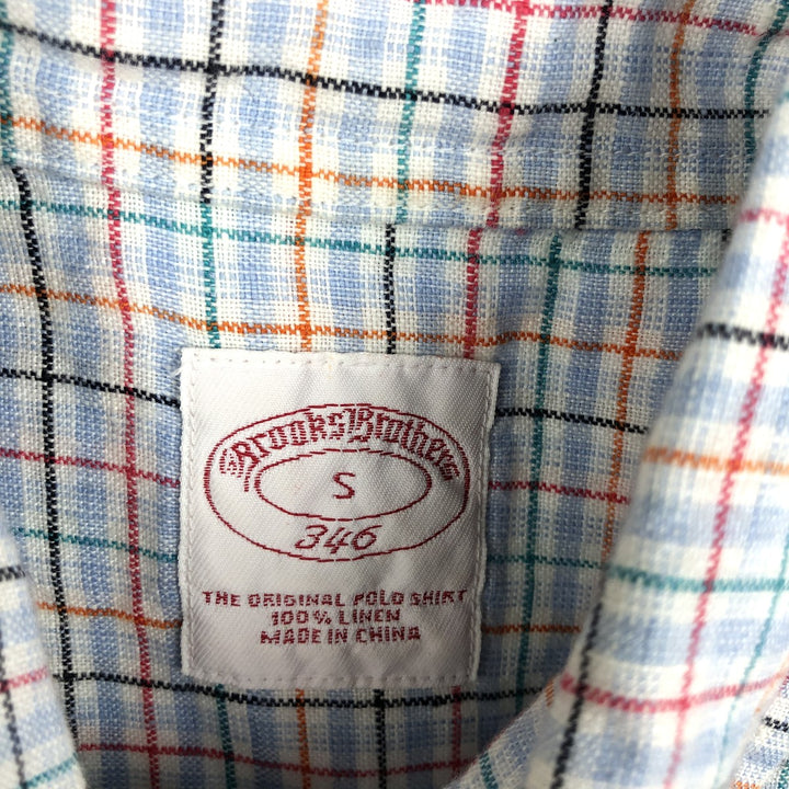 Brooks Brothers 346 Check Pattern Short-Sleeve Linen Button-Down Shirt, Men's Size S (approx.) linen Blue type light blue Vintage Second Hand