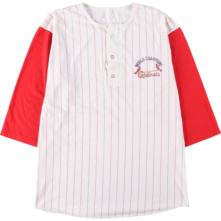 MLB St. Louis Cardinals Stripe Pattern Henley Neck 3/4 Sleeve Logo Print T-Shirt, Men's Size M (Equivalent), Vintage unclear white type Vintage Second Hand