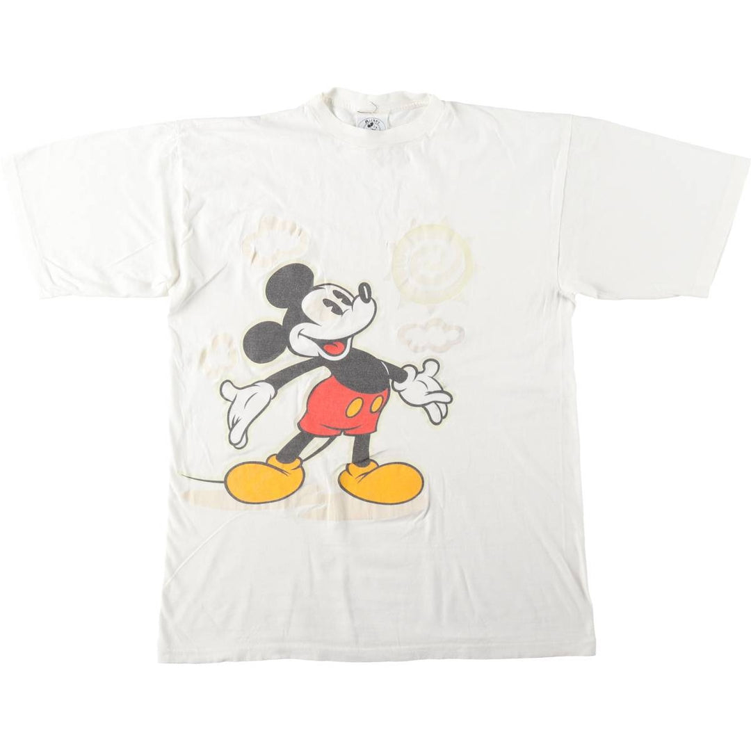 ~90'S Disney MICKEY MOUSE character print T-shirt, men's size L equivalent, vintage unclear white type Vintage Second Hand