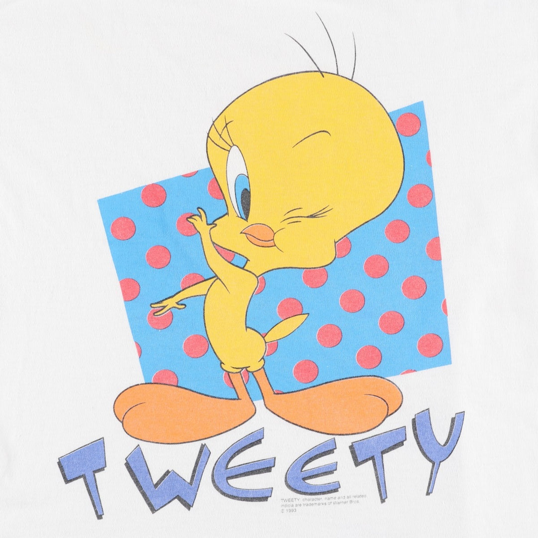90'S Looney Tunes Tweety character print T-shirt, Made in USA, Men's size M equivalent, Vintage cotton white type Vintage Second Hand