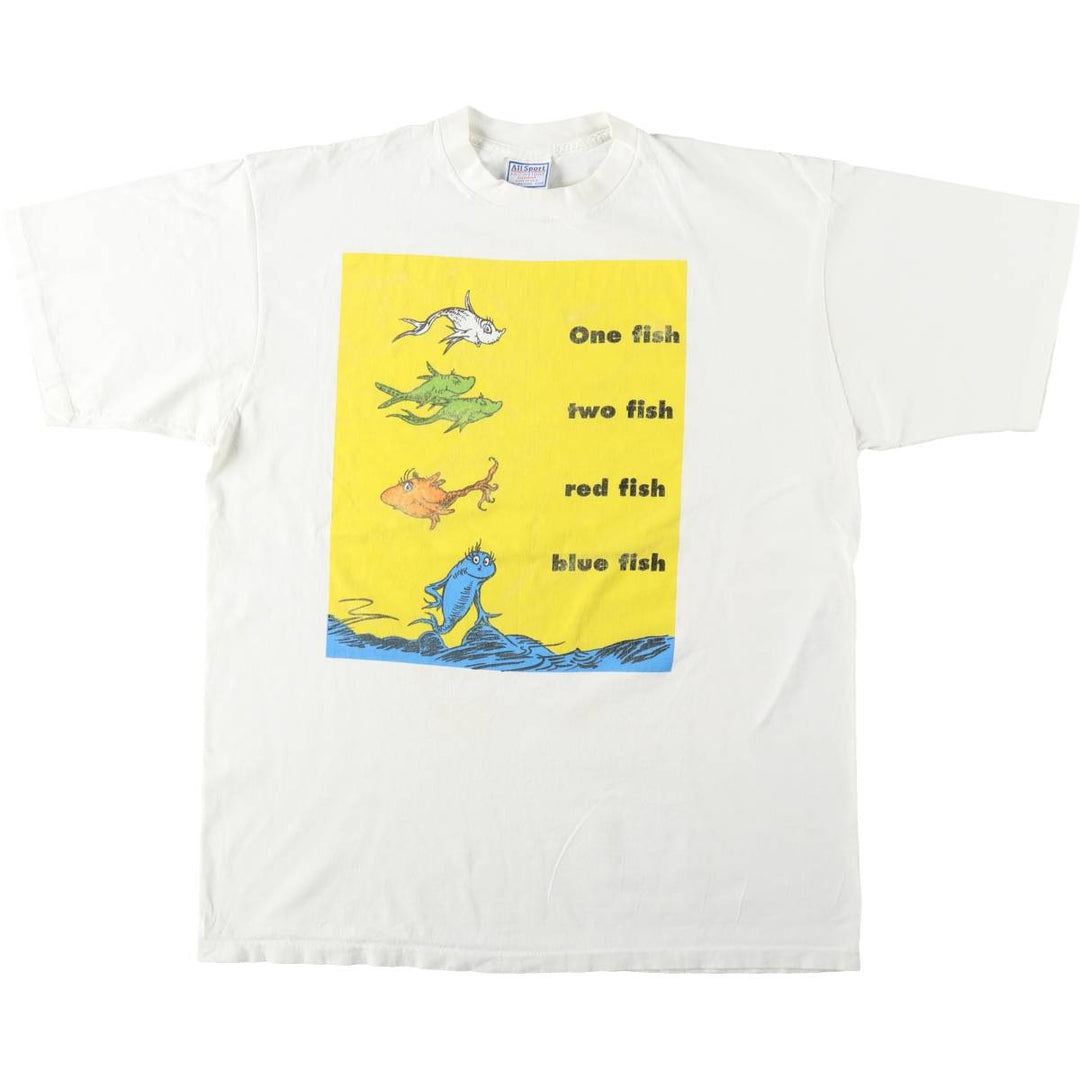 ~90'S All Sport Dr. Seuss Fish Character Print T-Shirt, Made in USA, Men's XL equivalent, Vintage cotton white type Vintage Second Hand