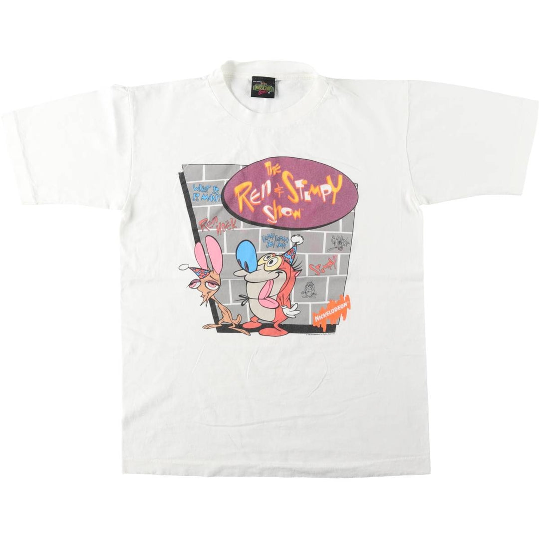 90'S Universal Studios Ren and Stimpy Character Print T-Shirt, Men's Size L (Equivalent), Vintage cotton white type Vintage Second Hand