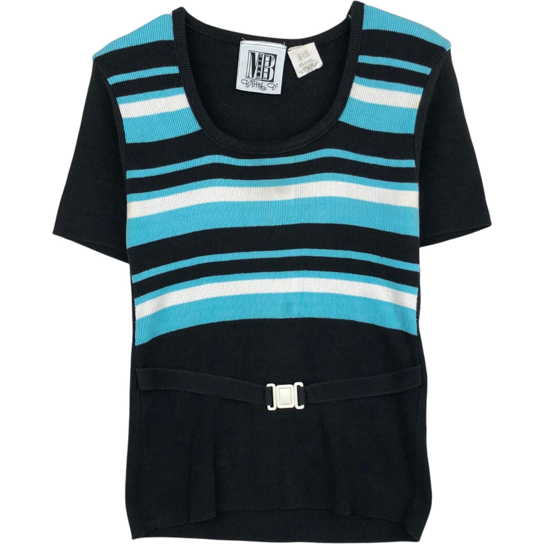 MIXED BLUES Border Pattern Rib-Knit Short-Sleeve U-Neck Cotton Knit Sweater, Made in USA, Women's Size M (approx.) cotton black type Vintage Second Hand