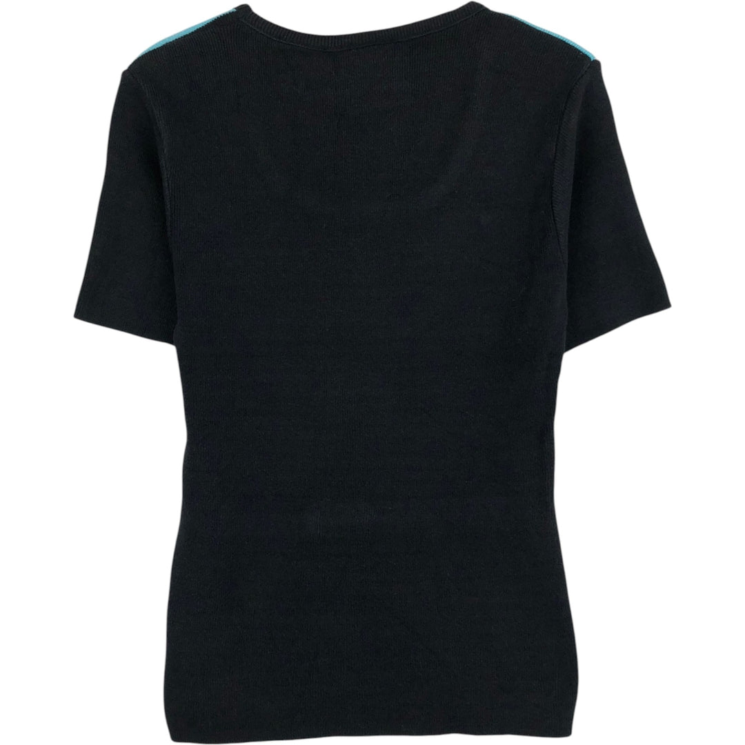 MIXED BLUES Border Pattern Rib-Knit Short-Sleeve U-Neck Cotton Knit Sweater, Made in USA, Women's Size M (approx.) cotton black type Vintage Second Hand