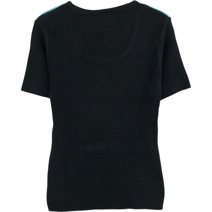 MIXED BLUES Border Pattern Rib-Knit Short-Sleeve U-Neck Cotton Knit Sweater, Made in USA, Women's Size M (approx.) cotton black type Vintage Second Hand