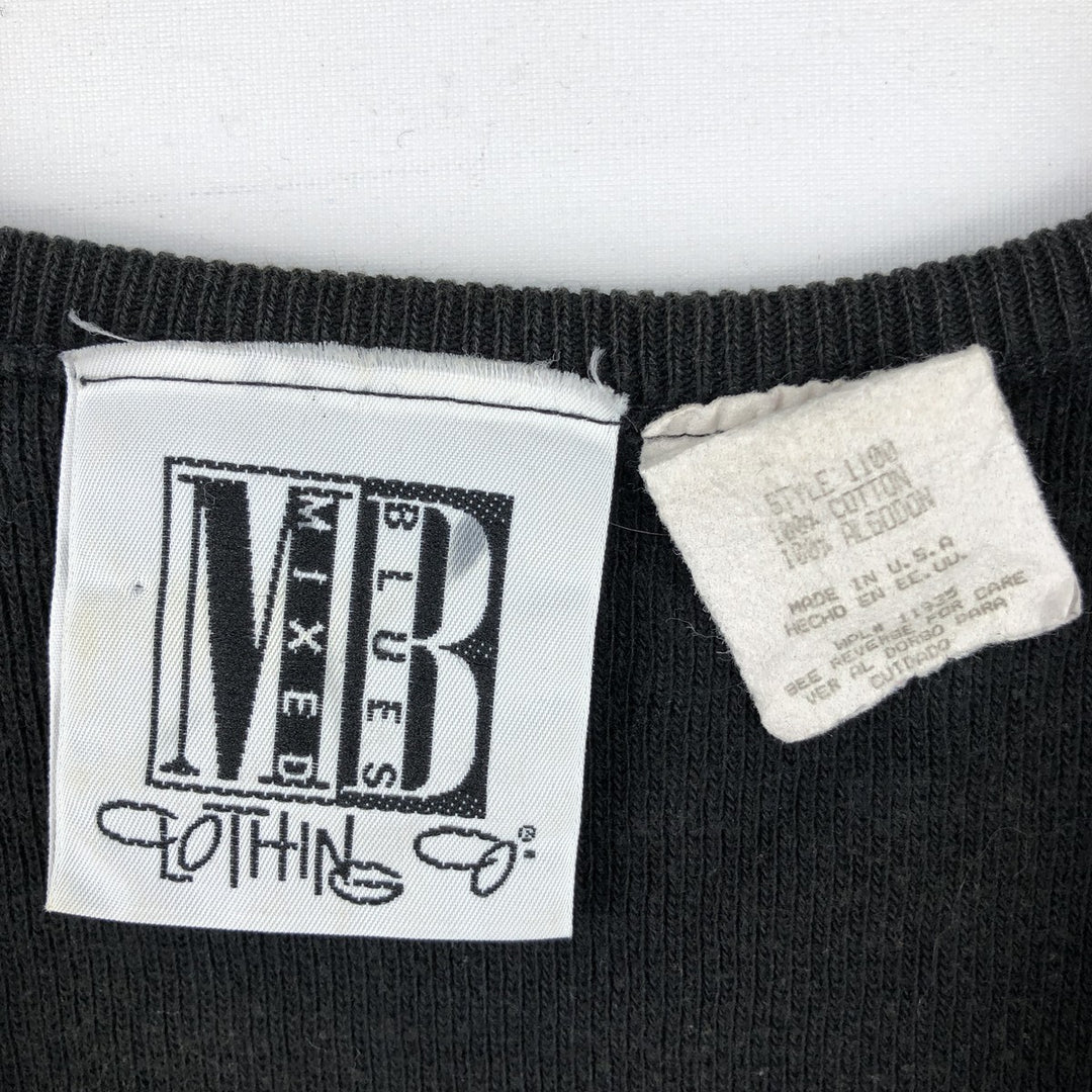 MIXED BLUES Border Pattern Rib-Knit Short-Sleeve U-Neck Cotton Knit Sweater, Made in USA, Women's Size M (approx.) cotton black type Vintage Second Hand