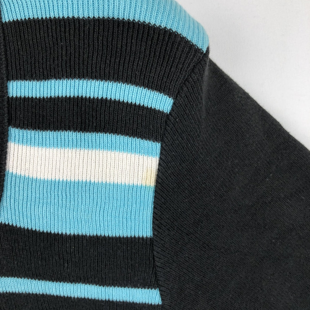 MIXED BLUES Border Pattern Rib-Knit Short-Sleeve U-Neck Cotton Knit Sweater, Made in USA, Women's Size M (approx.) cotton black type Vintage Second Hand
