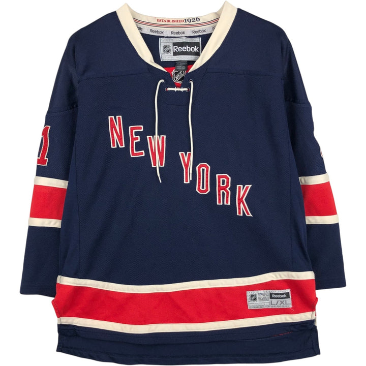 Reebok NHL New York Rangers 3/4 Sleeve Lace-Up Game Shirt Hockey Shirt Women's Size M (approx.) polyester navy blue type Vintage Second Hand