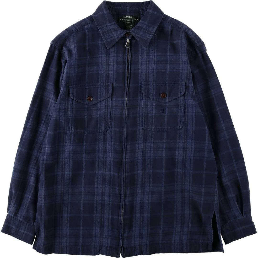 Ralph Lauren LAUREN Full-Zip Long-Sleeve Cotton Check Shirt, Women's Size M (approx.) cotton navy blue type Vintage Second Hand