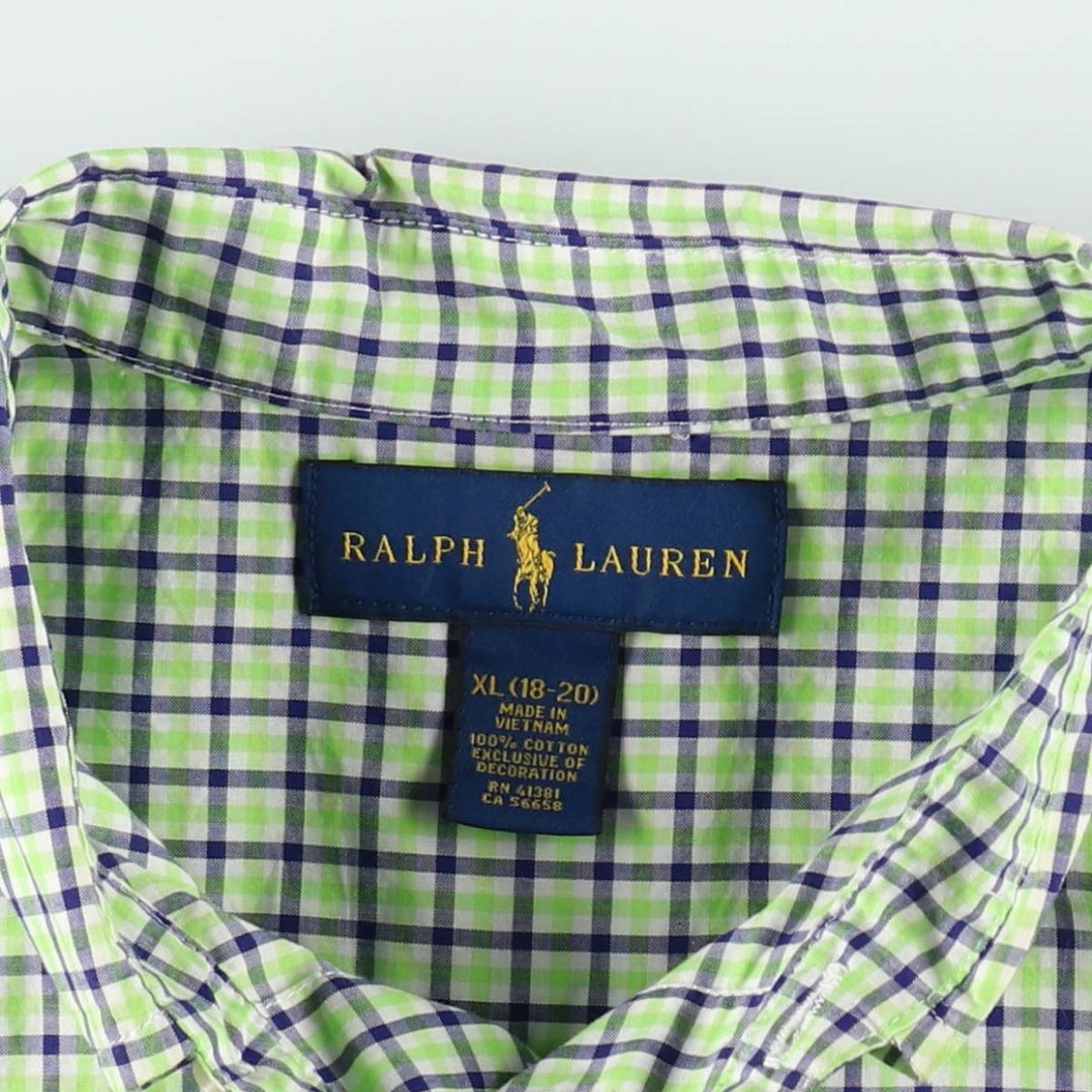 Ralph Lauren long-sleeved button-down check shirt, women's size XL. cotton green type yellow green Vintage Second Hand