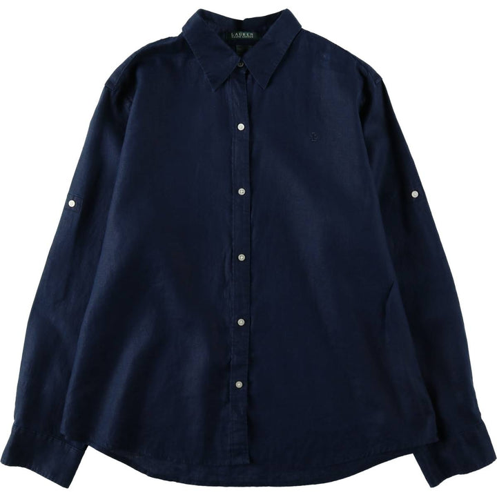 Ralph Lauren LAUREN Long-Sleeve Linen Shirt, Women's Size XL (approx.) linen navy blue type Vintage Second Hand