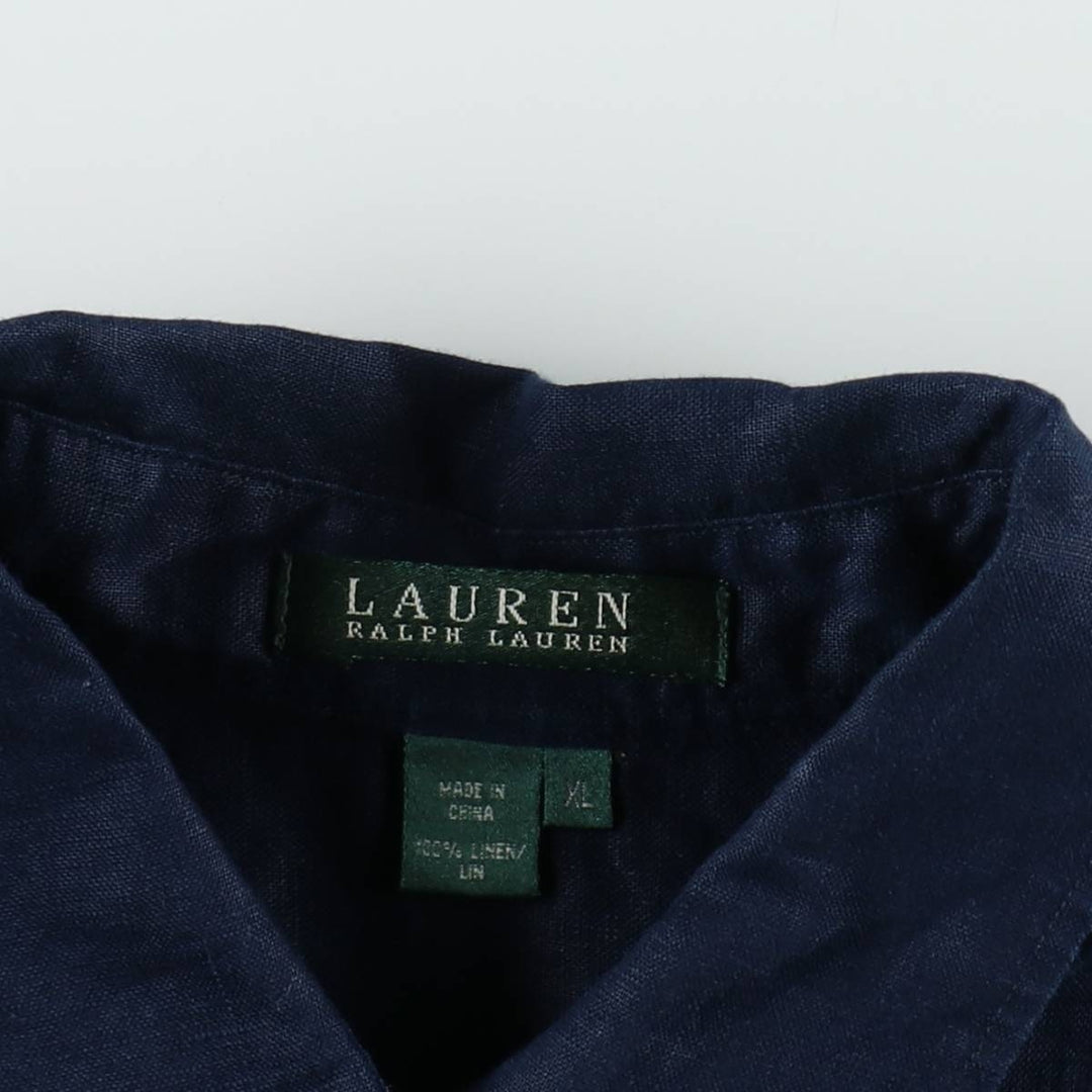 Ralph Lauren LAUREN Long-Sleeve Linen Shirt, Women's Size XL (approx.) linen navy blue type Vintage Second Hand