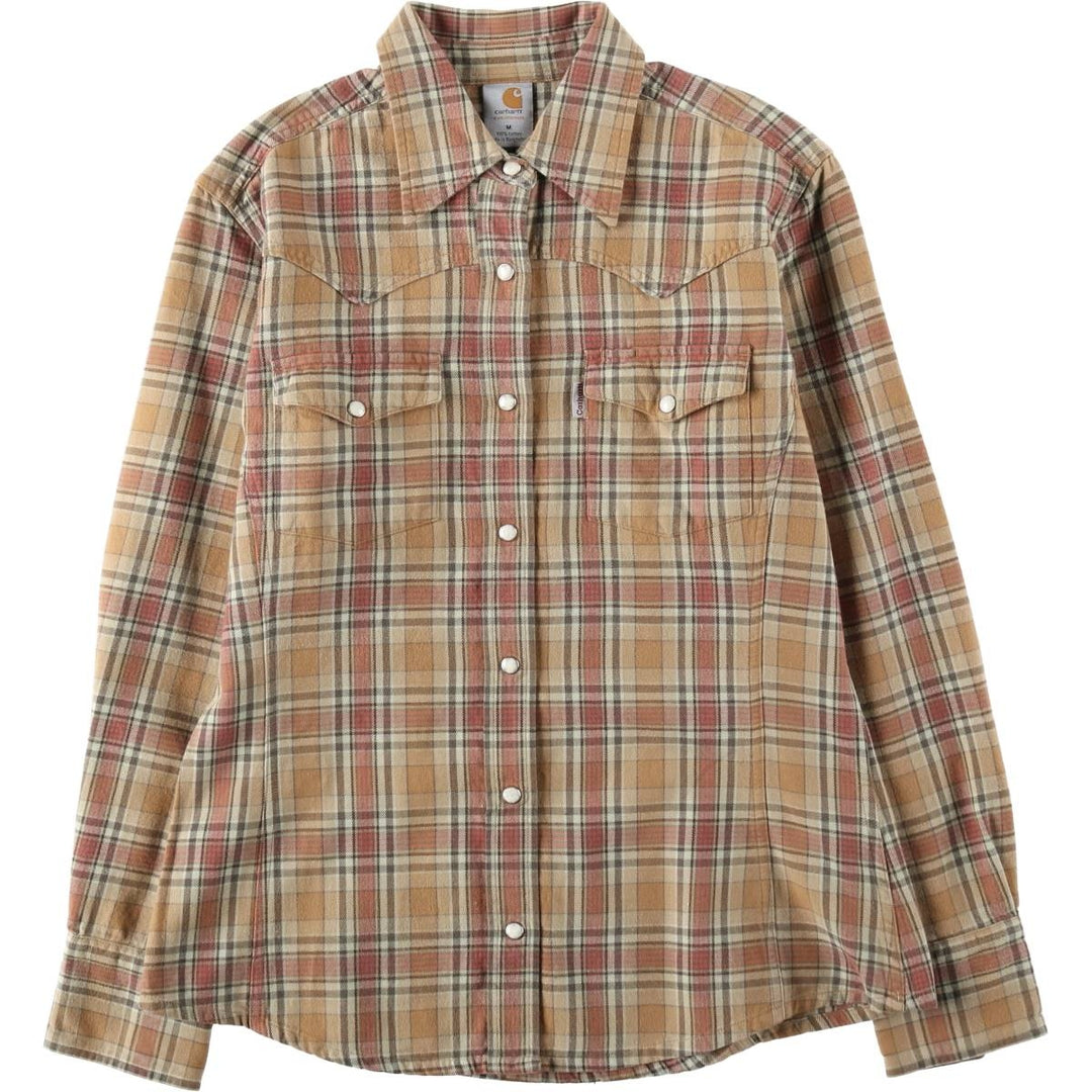 2000'S Carhartt Long-Sleeve Western Flannel Check Shirt, Women's Size M (approx.) cotton beige type brown Vintage Second Hand