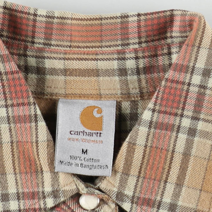 2000'S Carhartt Long-Sleeve Western Flannel Check Shirt, Women's Size M (approx.) cotton beige type brown Vintage Second Hand
